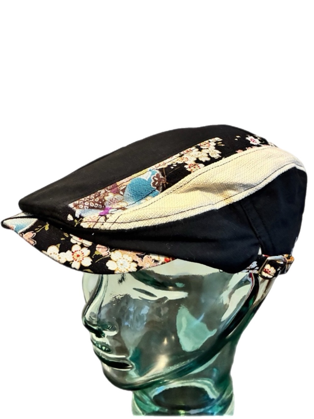 Japanese Ripple Cherry Blossom Newsboy Hat Flat Cap Embroidered Black/Floral OS